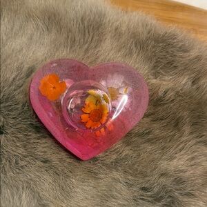 Pink Heart-Shaped Resin Tea Light Candle Dish with Floral Design